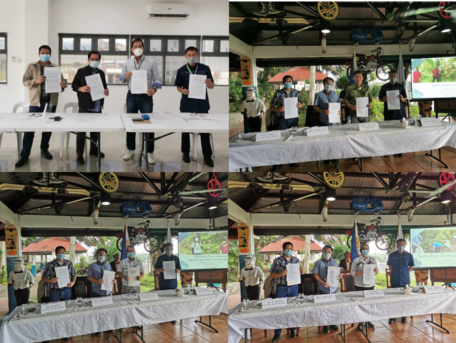 DENR CALABARZON Regional Executive Director Nonito M. Tamayo (2nd from left) displayed the duly signed Memoranda of Agreement alongside DENR-PENR Officer, Batangas, Noel M. Recillo (leftmost), DENR-CENR Officer, Calaca, Isagani Q. Amatorio (rightmost), and the heads of the four companies (2nd from right): Sebastian Arsenio R. Lacson, President, SLTEC (upper left photo); Gerardo Tan Tee, Chief Operation Officer, ADI (upper right photo); Maria Cristina C. Gotianun, President, SCPC-SLGPC (lower left photo); and Dr. David Go, Vice Chairman and Treasurer, TMP (lower right photo).